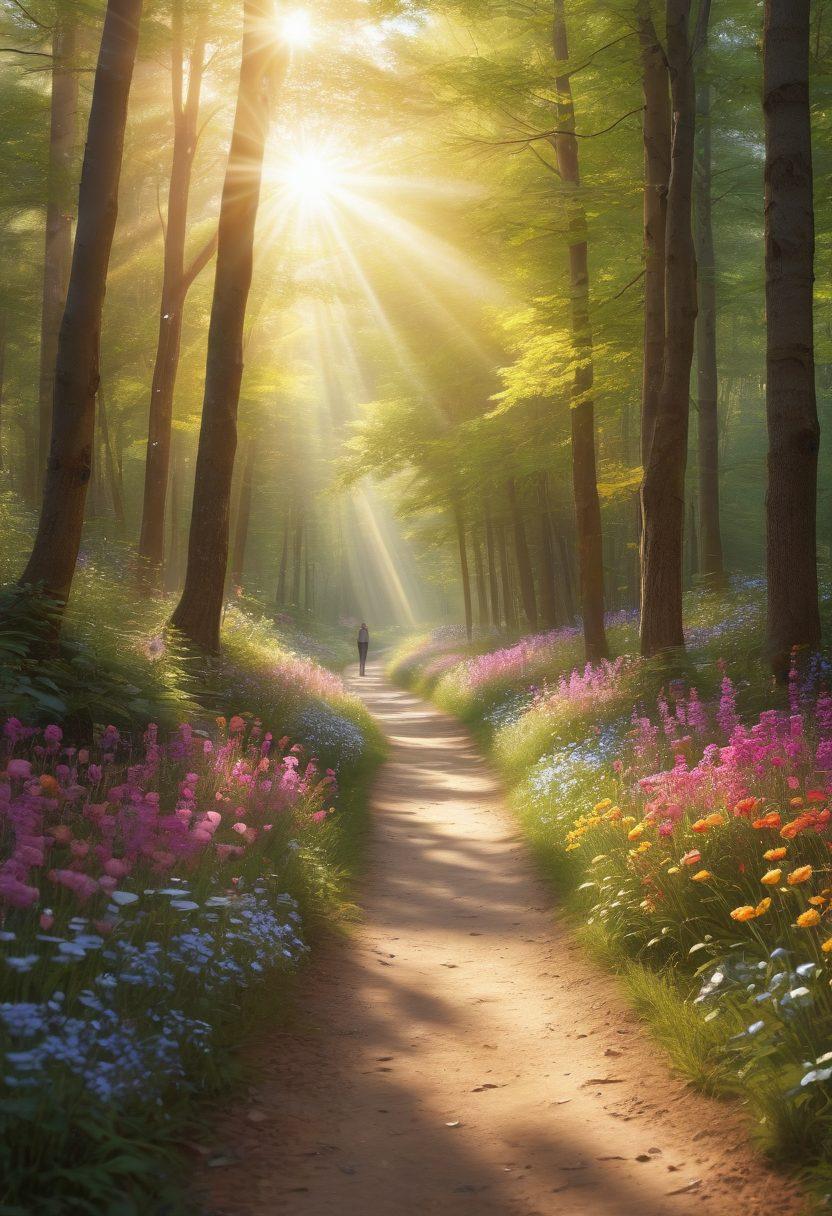 A serene pathway through a sunlit forest, symbolizing a journey of hope and wellness. Alongside the path, colorful flowers representing awareness and support, and gentle rays of sunlight breaking through the trees to signify positivity. Integrate symbols of cancer awareness like ribbons subtly within the scenery. Include diverse people walking together, embodying community support. super-realistic. vibrant colors. uplifting atmosphere.