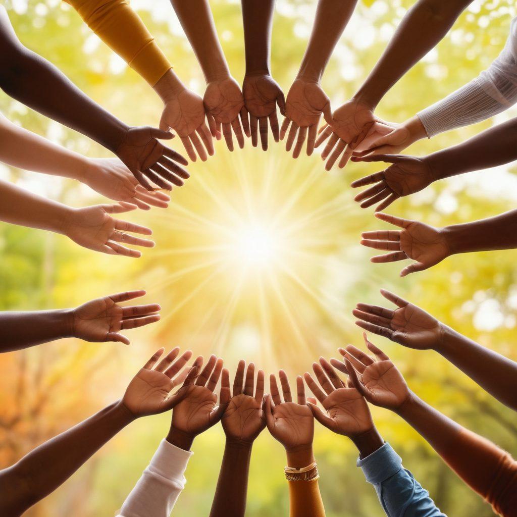A diverse group of individuals forming a supportive circle, symbolizing community and strength, with one person at the center showcasing resilience and hope. Incorporate elements like comforting gestures, supportive hands, and uplifting expressions. Background with soft, warm colors and nature imagery to evoke healing and togetherness. Capture a sense of empowerment and solidarity. vibrant colors. soft focus.