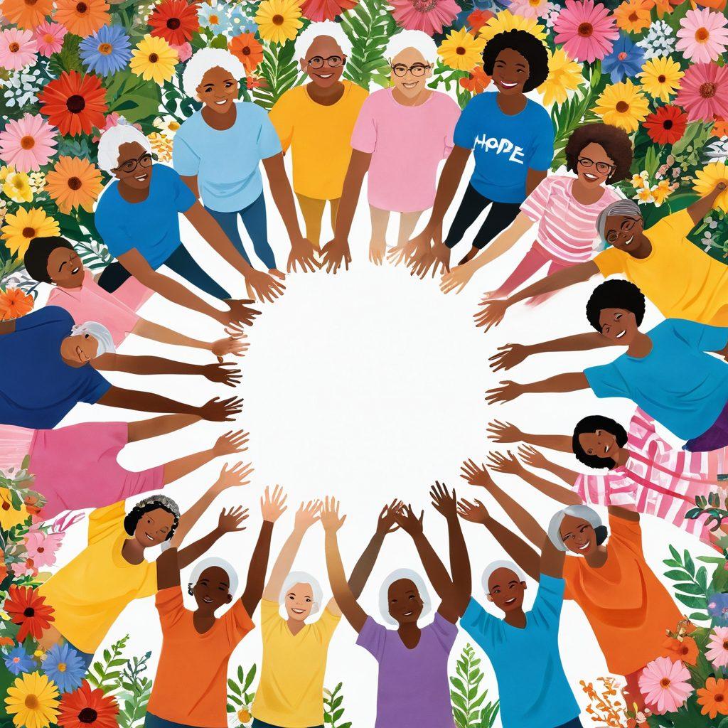 A powerful and uplifting scene depicting diverse individuals united in a supportive community for cancer advocacy. Show a circle of people of various ages and backgrounds, each holding hands with inspiring expressions, surrounded by blooming flowers symbolizing hope. Incorporate elements like ribbons and banners with positive messages to enhance the theme of empowerment and support. Bright and warm colors to convey positivity and strength. super-realistic. vibrant colors. white background.